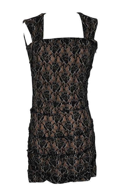 Metallic Lace Fitted Bodycon Dress in Black/Nude